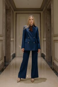 The Capsule Wardrobe Essentials shows a woman wearing a timeless navy blue double-breasted power suit with wide-leg trousers in a classic hallway setting.
