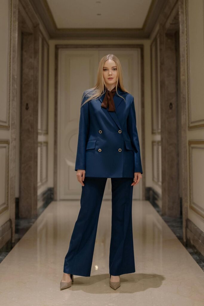 The Capsule Wardrobe Essentials brings you a woman wearing a timeless navy blue double-breasted power suit with wide-leg trousers in a classic hallway setting.