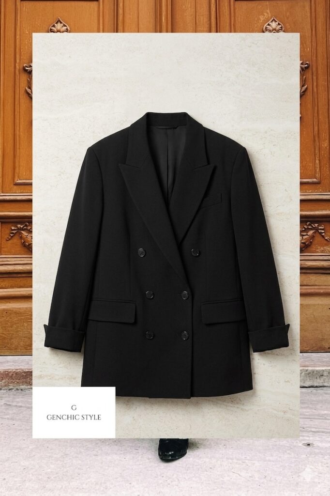 Flat-lay shot of a classic black double-breasted blazer with six buttons, styled as an essential piece for an elevated casual outfit.