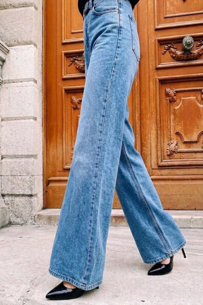 Close up of a woman wearing light wash wide-leg denim jeans and black pointed-toe stiletto heels standing in front of an ornate wooden door.