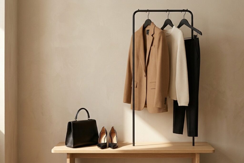A tailored blazer, knit top and black tailored trousers, prepared on a minimalist clothing stand and beneath it on a small matching wooden bench rests a structured handbag and a pair of polished black heels catching the soft morning sun. ready for the morning routine.