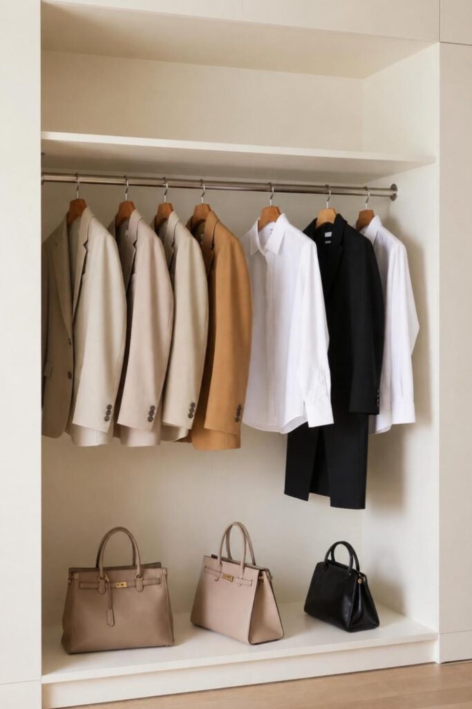 A beautifully organized minimalist walk-in closet featuring structured neutral clothing, blazers, and luxury handbags arranged neatly on shelves.
