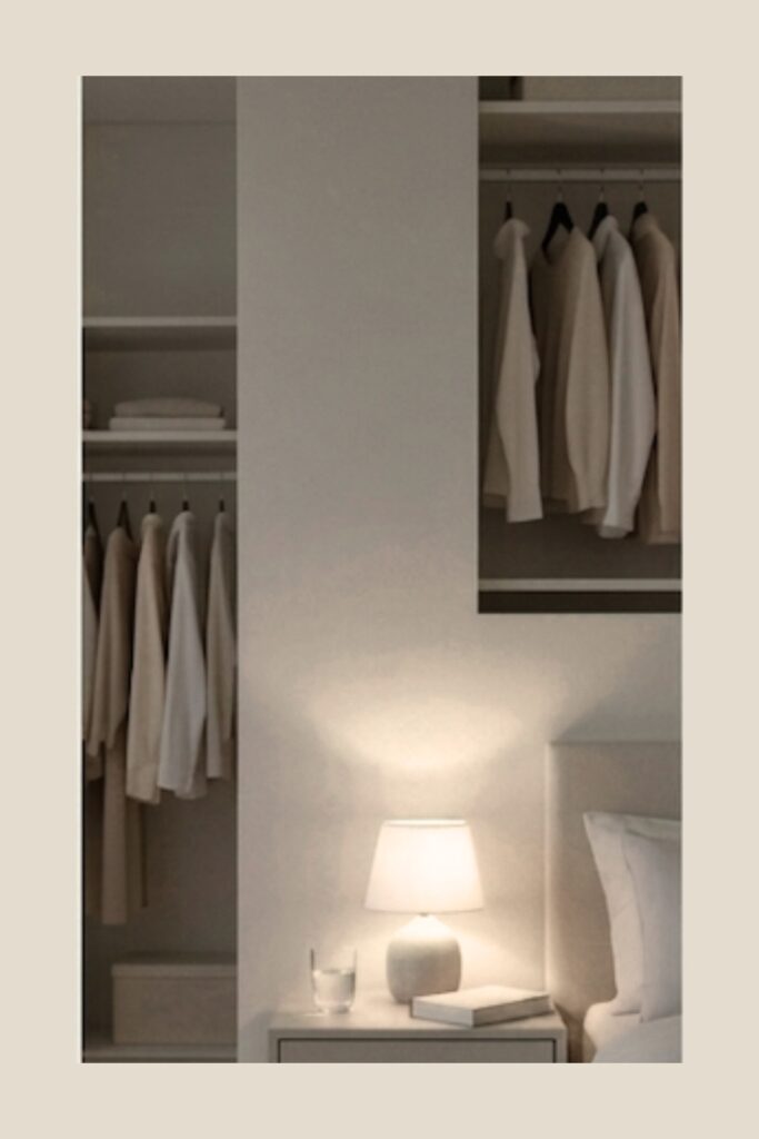 A peaceful evening bedroom scene featuring a minimalist nightstand with a warm glowing ceramic lamp, a glass of water, and a book, with a view of a clean, organised open closet in the background.