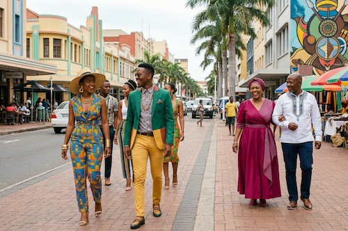 A group of stylish people dressed beautifully modelling contemporary South African fashion walking down a sunny street in Durban. The outfits feature modern tailoring blended with traditional Zulu patterns and bright colours, set against colourful Art Deco architecture and large geometric murals.