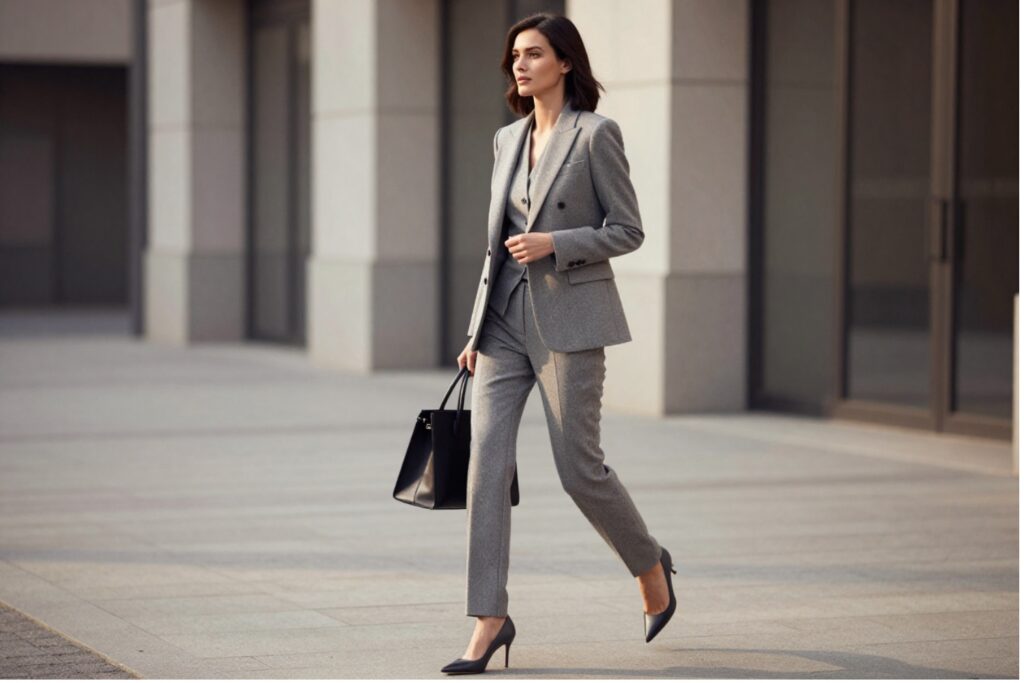 An elegant professional woman walking confidently down a city street in a tailored grey suit and heels, holding a structured black leather handbag.