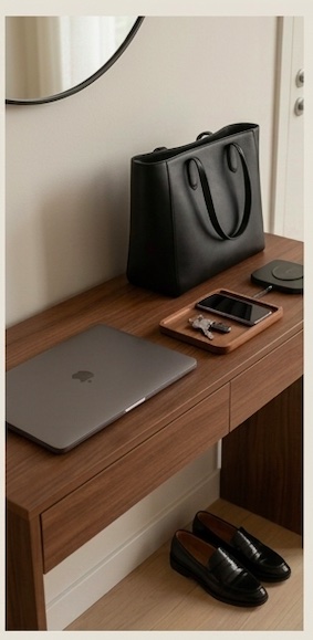 The 5-minute evening routine showcasing a high-angle close-up of an organised wooden entryway console table featuring a closed laptop, a structured black leather tote bag, a wooden tray with keys and a smartphone, and a pair of polished black leather loafers underneath
