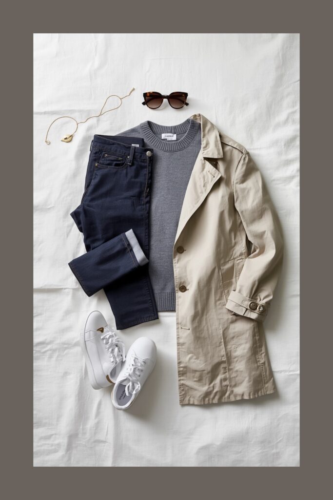 A flat-lay composition of a capsule wardrobe outfit featuring dark denim jeans, a grey knit sweater, a beige trench coat, sunglasses, and white sneakers.