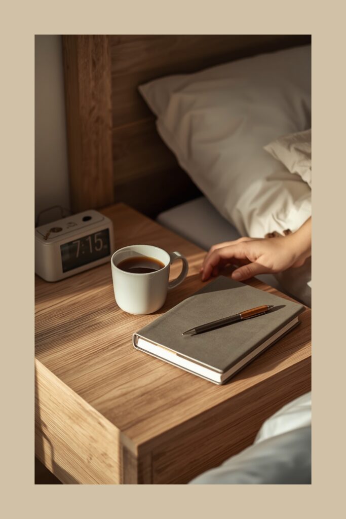 A close-up of a wooden bedside table with a white mug of black coffee, a notebook with a pen, and a digital clock displaying 7:15.