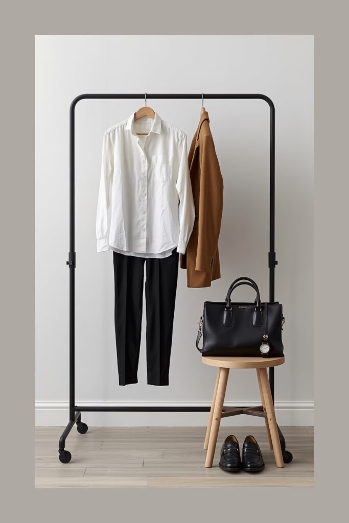 A minimalist clothing rack displaying a white button-down shirt, black trousers, a tan blazer, and a black leather handbag resting on a wooden stool.
