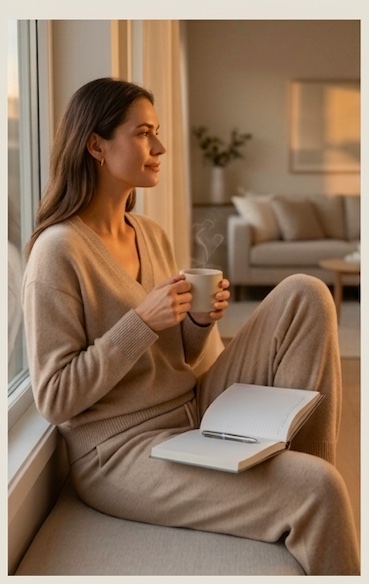 A woman in comfortable taupe knit outfit, sits thoughtfully by a window in warm evening light, holding a mug with an open journal and pen on her lap in a tidy, minimalist living room.