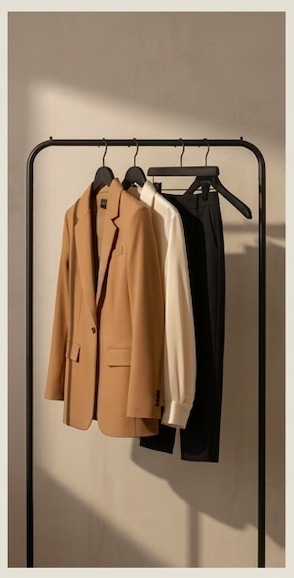 A curated next-day outfit consisting of a camel blazer, cream silk blouse, and black trousers hanging neatly on a minimalist black metal clothing valet rack cast in soft evening shadows.