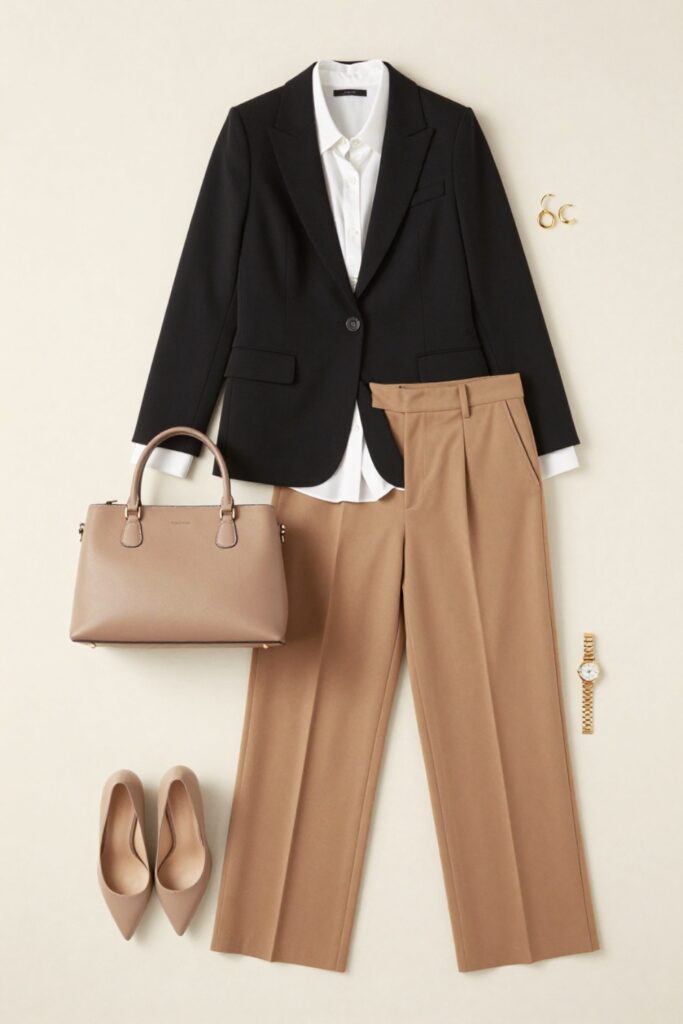 A professional fashion flat-lay of capsule wardrobe essentials including a black blazer, white silk shirt, tan trousers, neutral heels, and a structured handbag.
