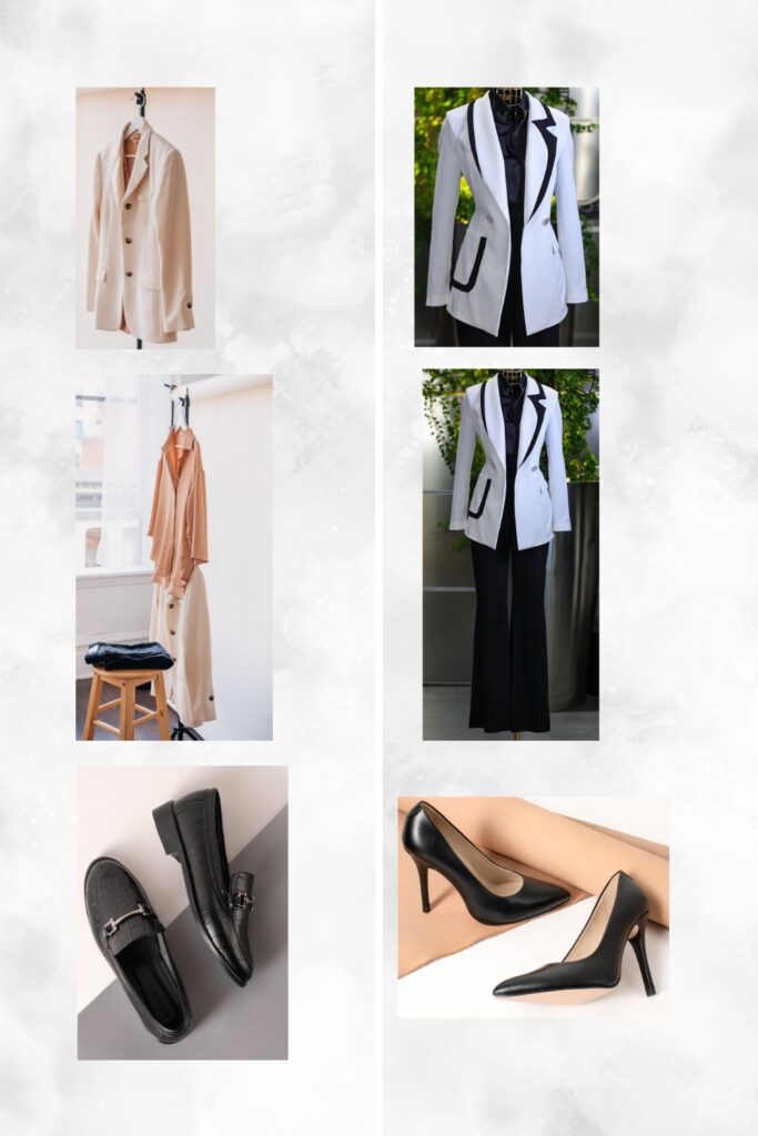 Photo collage showing the modern classic work formula including a white tailored blazer, silk shirt, trousers, black croc-embossed loafers, and black high heels. 