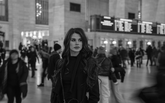 A woman in a black trench coat standing still in a bustling train station crowd, capturing timeless style and presence in a fast-paced world.